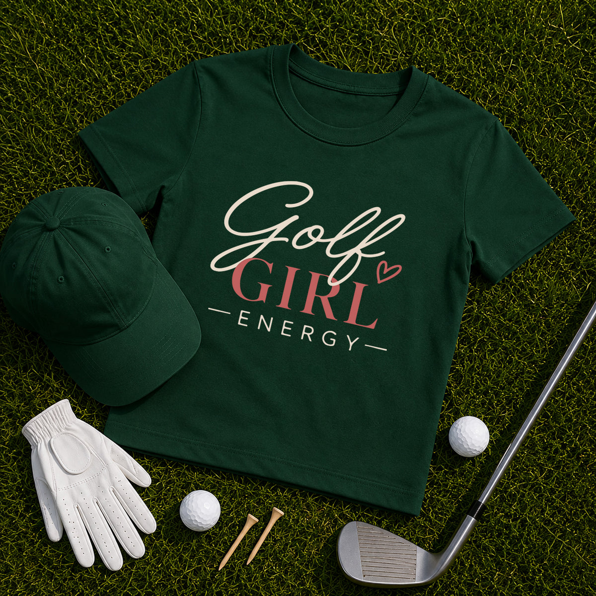 Golf Girl Energy women's golf tee styled with green hat, golf balls, golf tees, glove and golf club