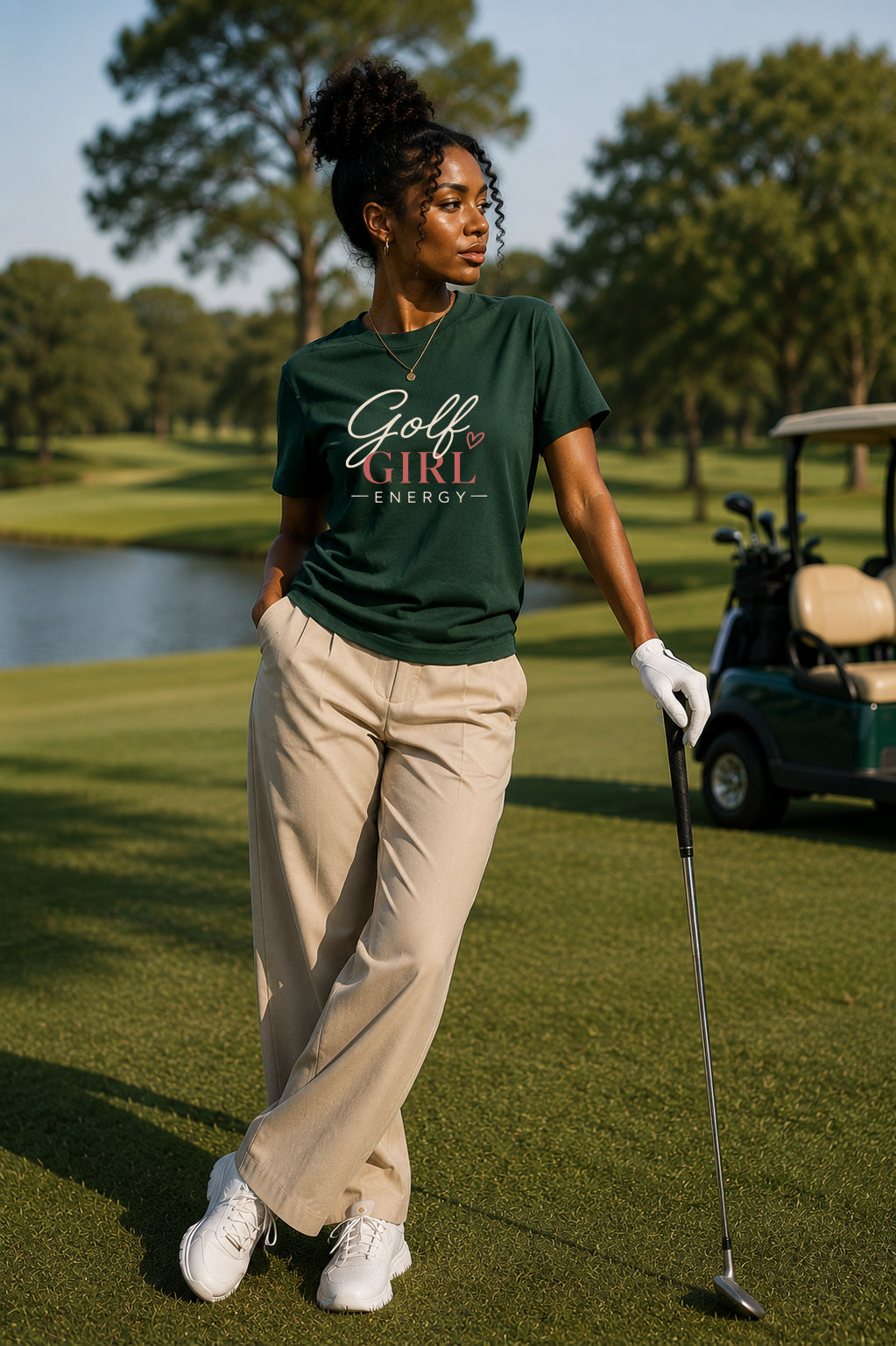 Woman wearing Golf Girl Energy women's golf tee with khaki pants and golf club on golf course
