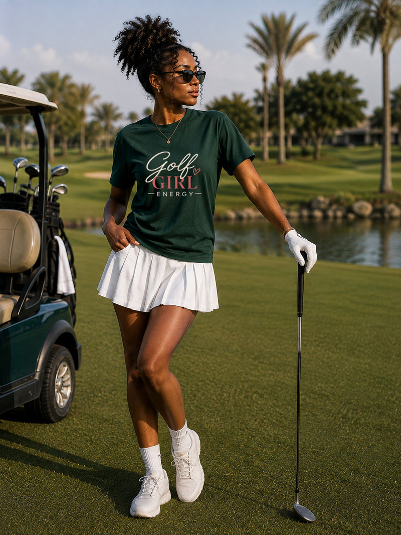 Woman wearing Golf Girl Energy women's golf tee with white pleated skirt and golf club on golf course